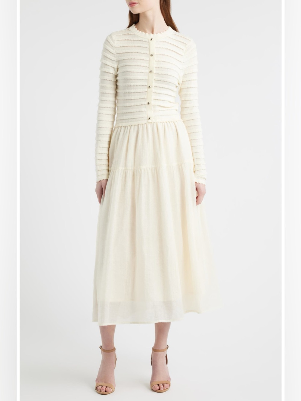 Zoe & Claire Mixed Media Long Sleeve Scallop Stitch Tiered Midi Dress MED Ivory